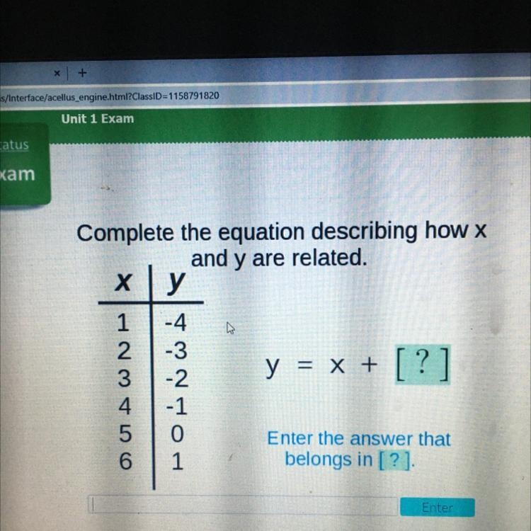 Complete the equation describing how x and y are related.-example-1