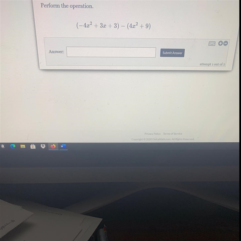 Perform the operation. (-4x^2+ 3x + 3) - (4x^2 +9)-example-1