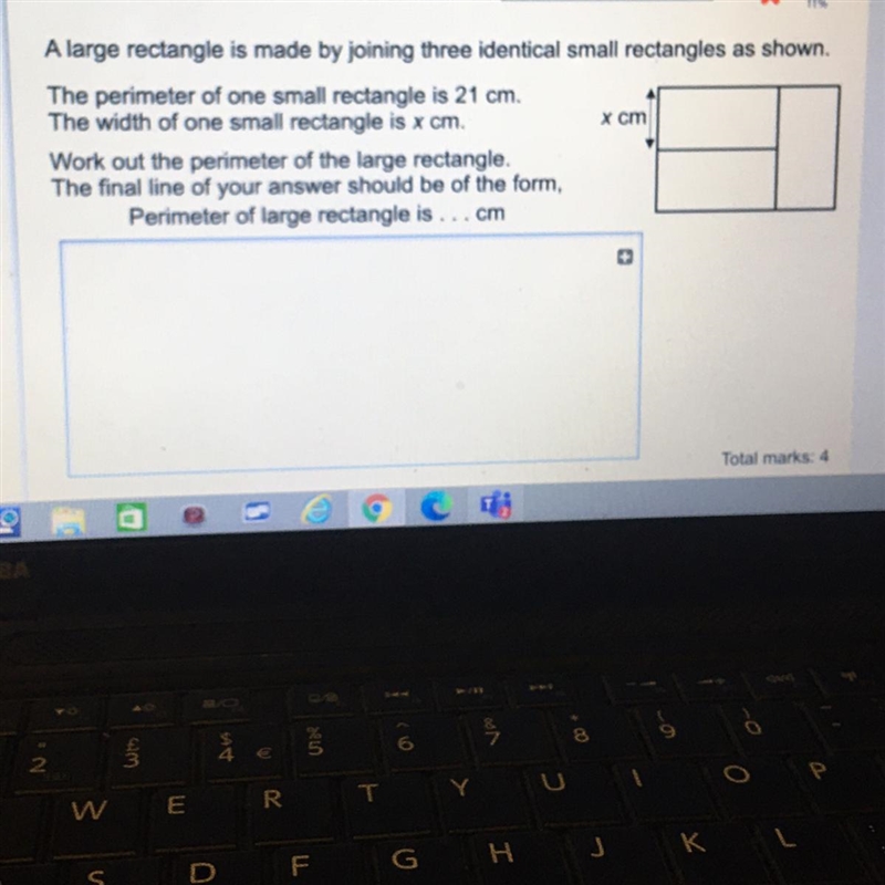 A large rectangle is made by joining three identical small rectangles as shown. The-example-1