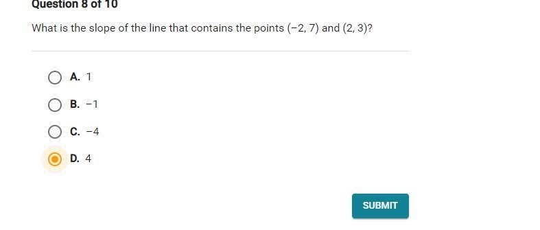 What is the slop of the line that contains the points (-2,7) and (2,3) ?-example-1