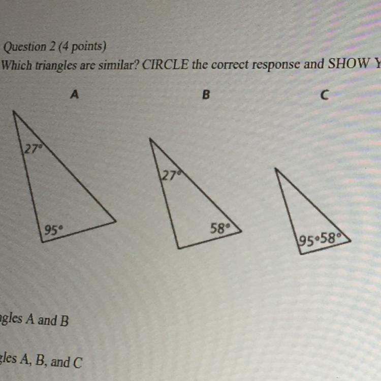 I NEED HELP RIGHT NOW Which triangles are similar? CIRCLE the correct response and-example-1