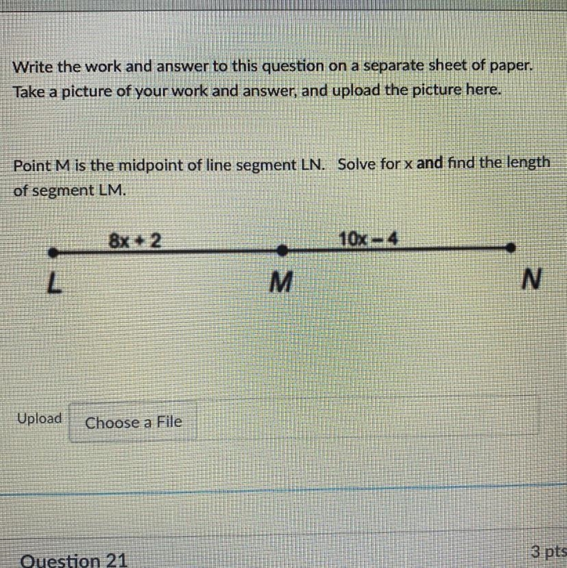 Point M is the midpoint of the line segment LN. LM=8x+2 and MN=10x-4 solve for x and-example-1