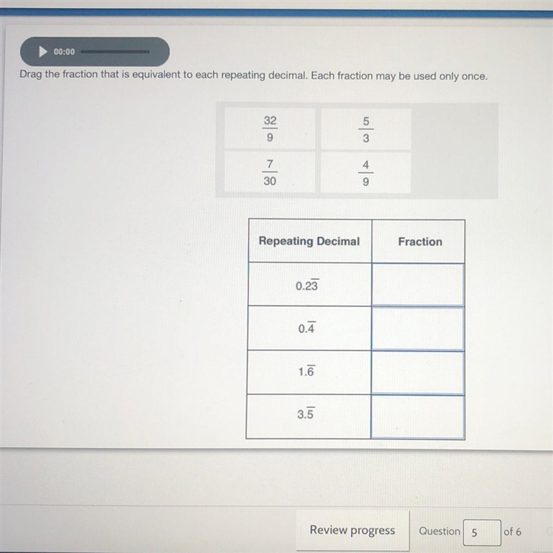 Drag the fraction that is equivalent to each repeating decimal. Each fraction may-example-1