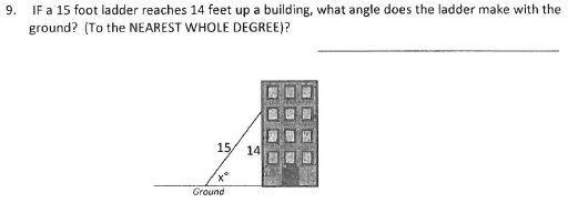 If a 15 foot ladder reaches 14 feet up a building, what angle does the ladder make-example-1