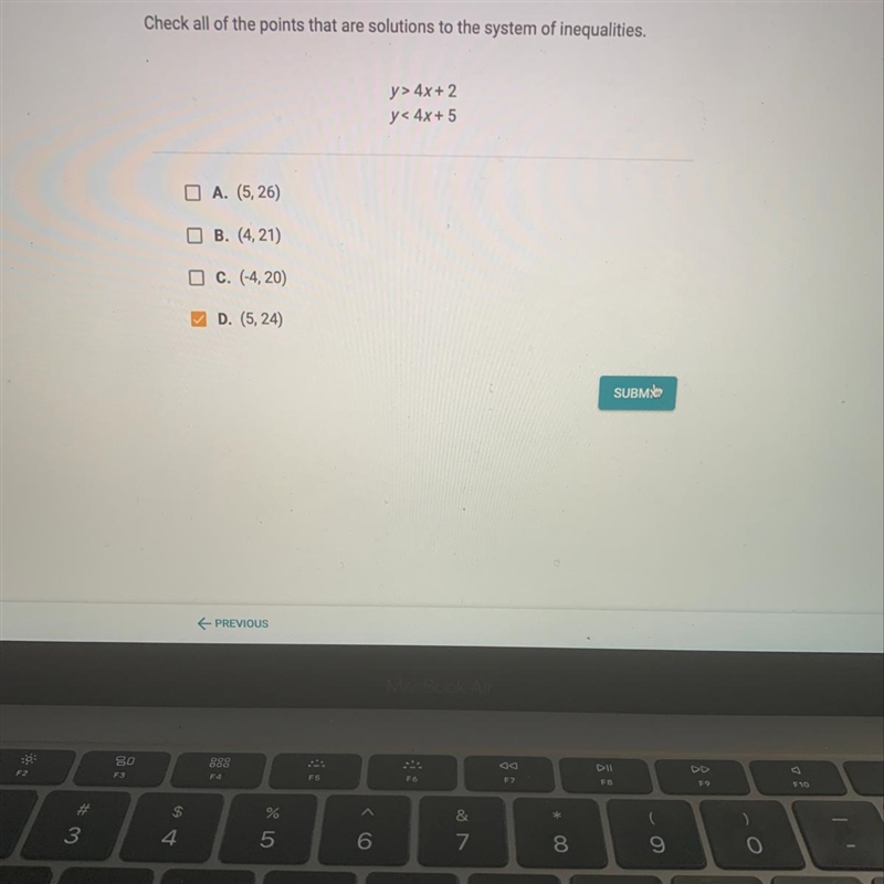 Check all of the points that are solutions to the system of inequalities. y> 4x-example-1