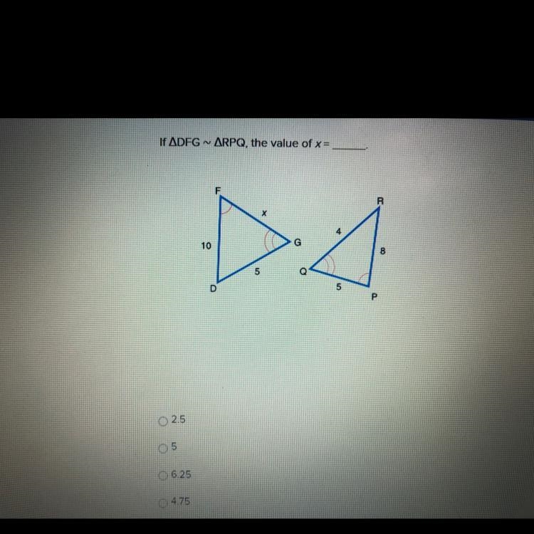 If angle DFG ~ angle RPQ, the value of x=_____-example-1