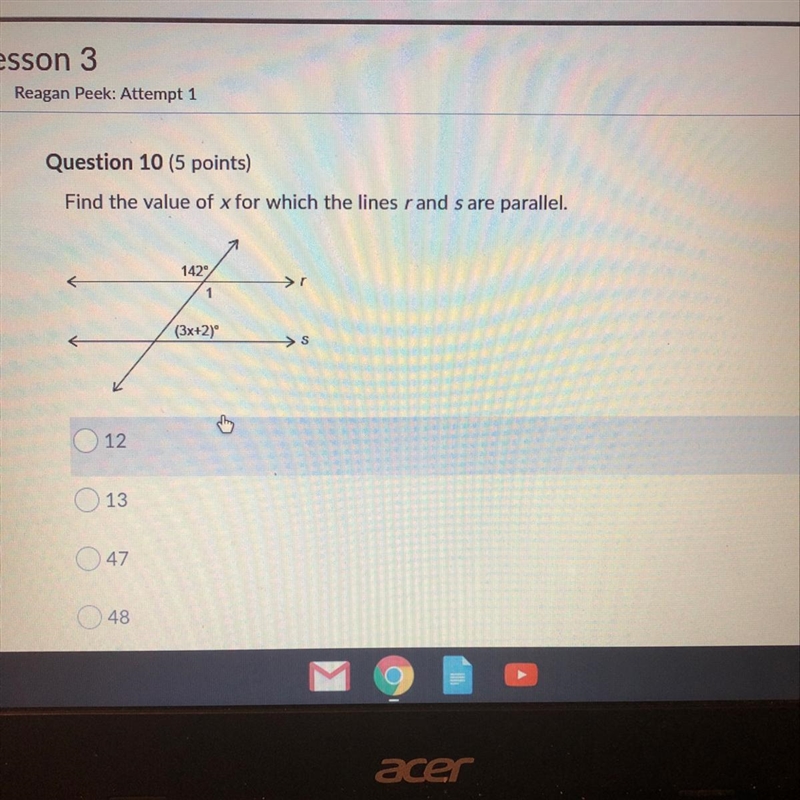 Find the value of x for which the lines rand s are parallel.-example-1