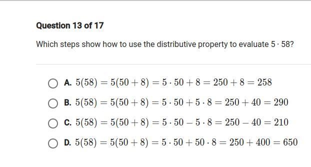 Which steps show how to use the distributive property to evaluate 5x58-example-1