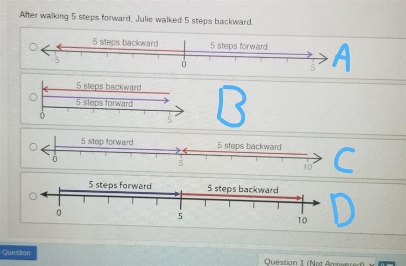 Choose a number line to model the following situation. After walking 5 steps forward-example-1