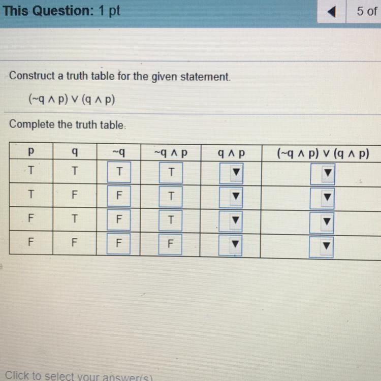 Construct a truth table for the given statement. (~q^p)V(q^p) Complete the truth about-example-1