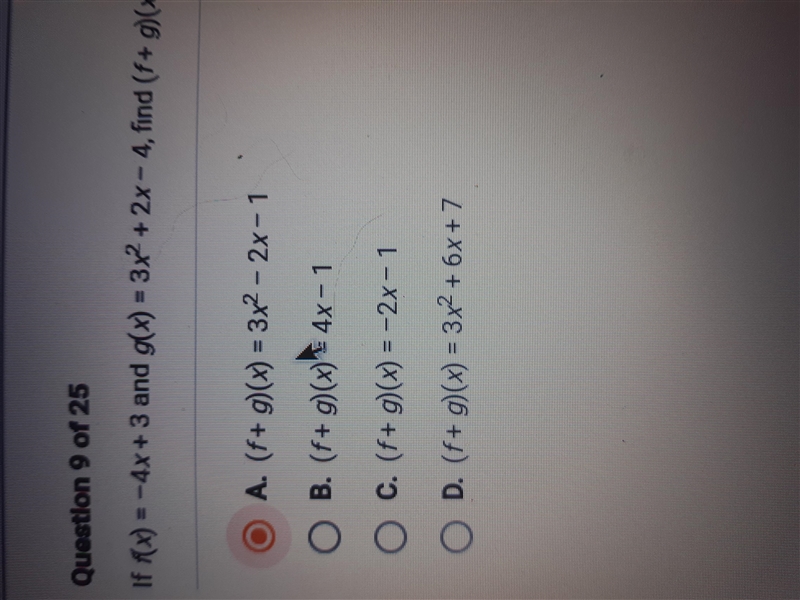 If f(x)= -4x + 3 and g(x) = 3x² + 2x - 4 find (f+g)(x)-example-1