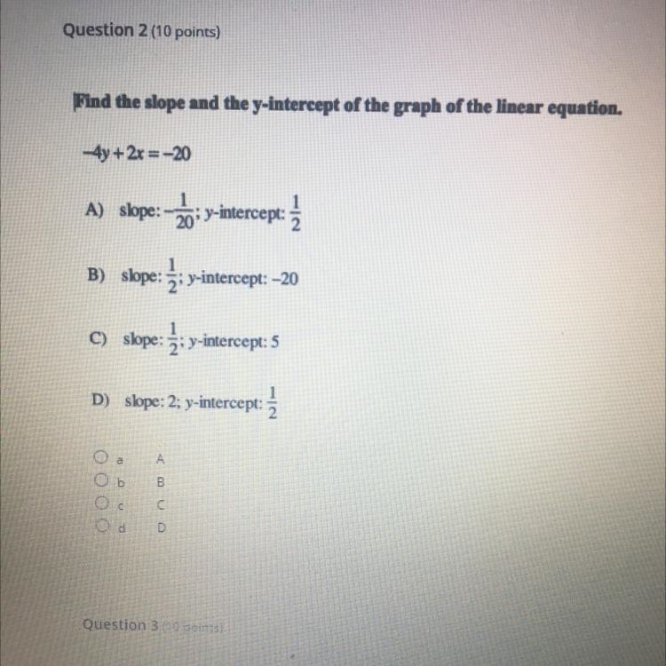 Find the slope and the y-intercept of the graph of the linear equation. - 4y + 2x-example-1