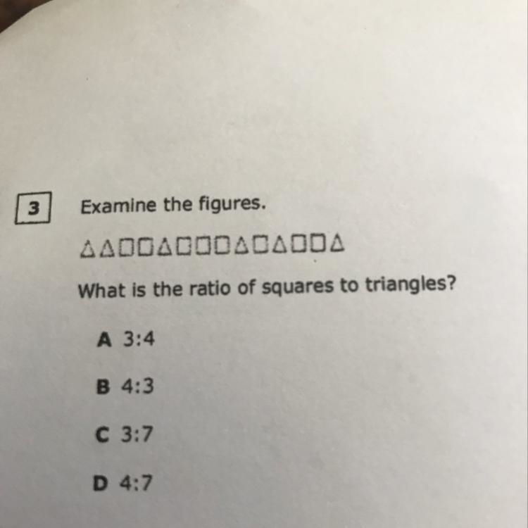 Examine the figures. What is the ratio of squares to triangles?-example-1