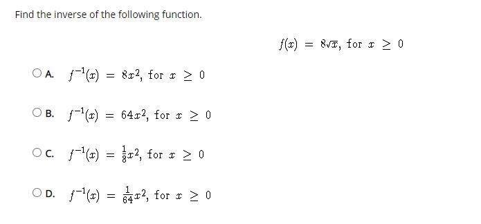 Find the inverse of the following function.-example-1