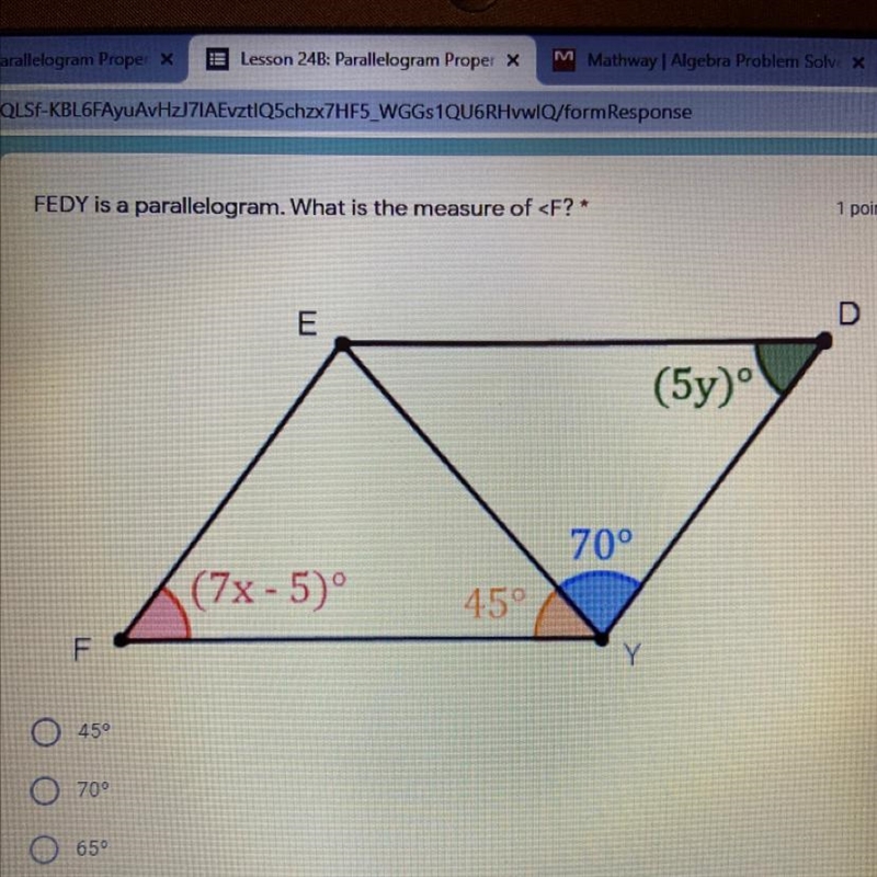 FEDY is a parallelogram. What is the measure of angle F?-example-1