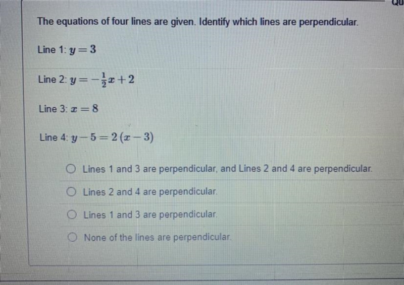 The equations of four lines are given. Identify which lines are perpendicular-example-1