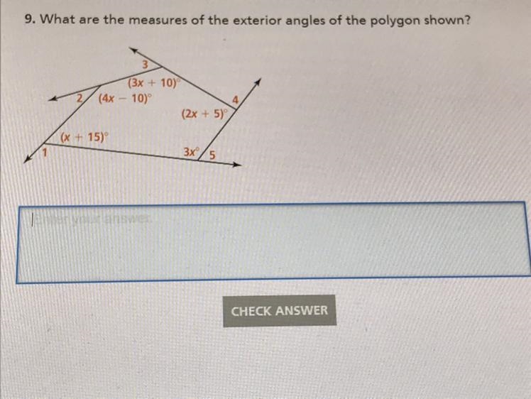 Please I need help! What are the measures of the exterior angles of the polygon shown-example-1