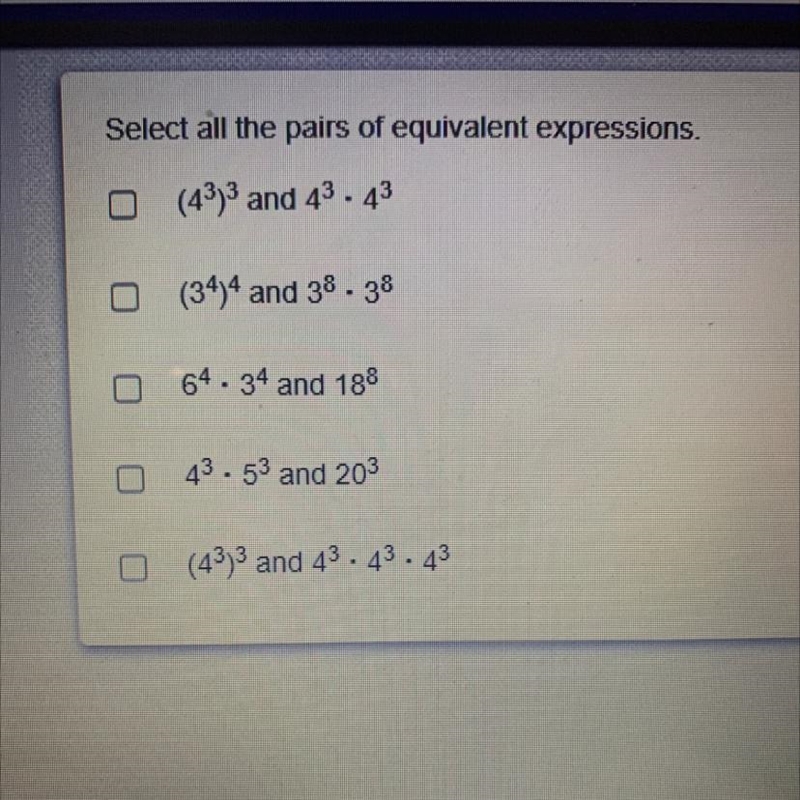 Select all the pairs of equivalent expressions. Need answer ASAP!-example-1