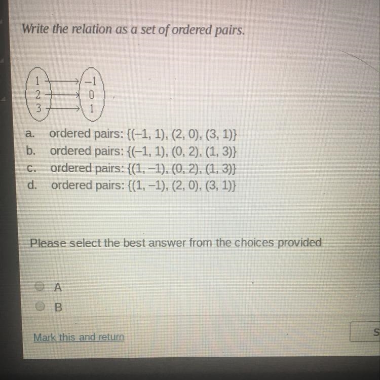 HELP PLEASE HURRY Write the relation as a set of ordered pairs a. ordered pairs: {(-1, 1), (2,0), (3, 1)) b-example-1