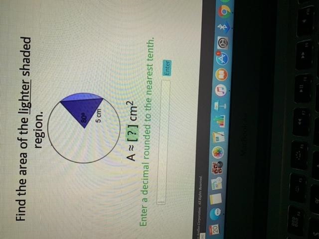 Find the area of the lighter shaded region -it’s 80 degrees inside the triangle-example-1