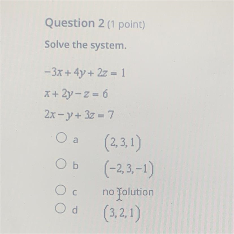 Solve the system -3x+4y+2z=1 x+2y-z=6 2x-y+4z=7-example-1