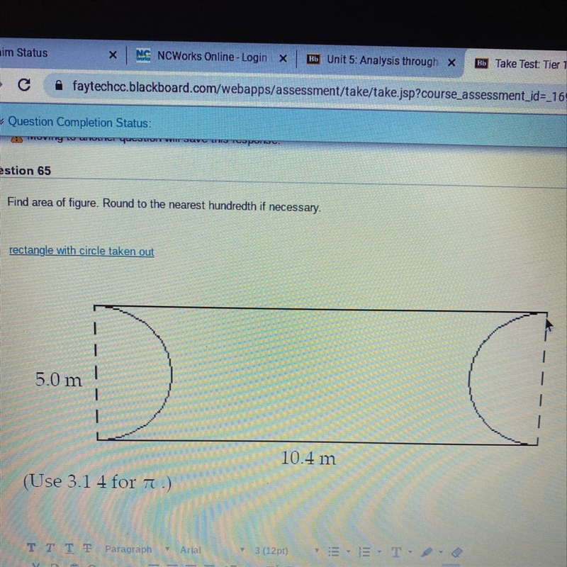 Question 65 Find area of figure. Round to the nearest hundredth if necessary. rectangle-example-1