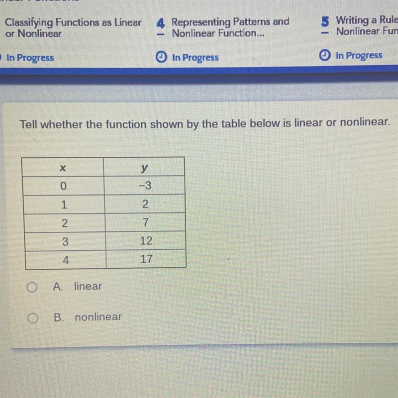 Tell whether the function shown by the table below is linear or nonlinear. X y 0 -3 1 2. 2. 7. 3 12. 4 17 D-example-1