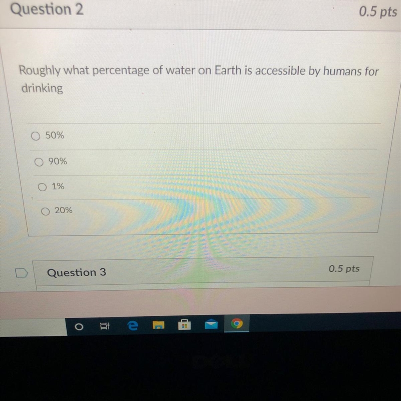 Roughly what percentage of water on Earth is accessible by humans for drinking 50% 90% 1% 20%-example-1