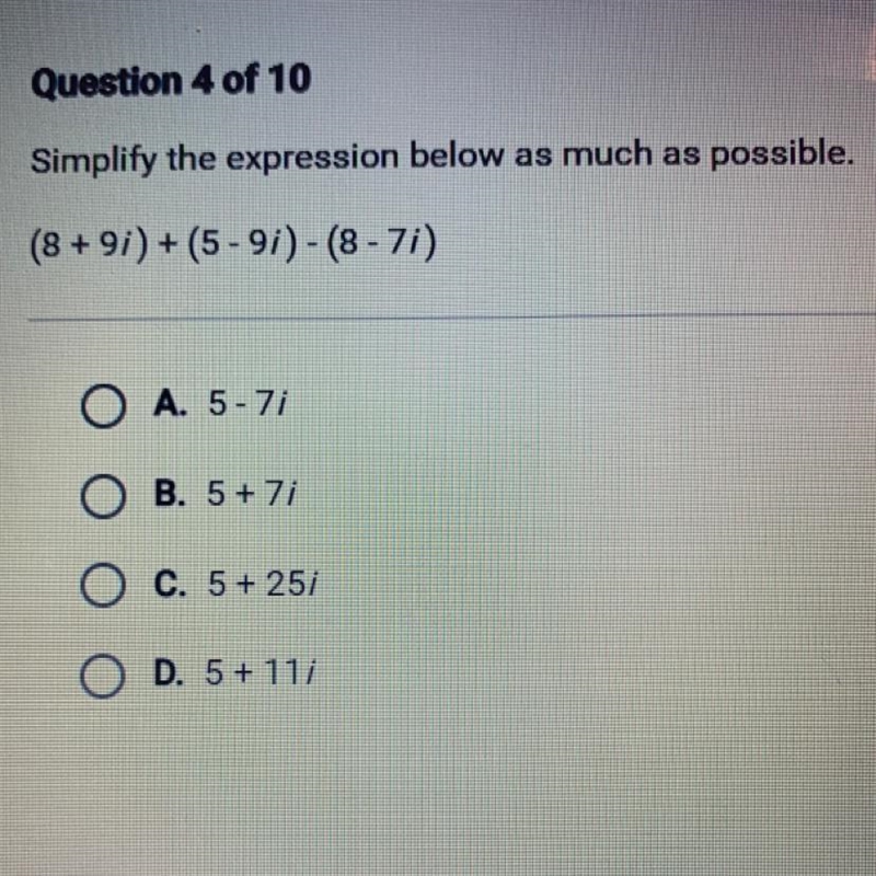 Simplify the expression below as much as possible. (8 + 9i) + (5 - 91) - (8 - 7i)-example-1