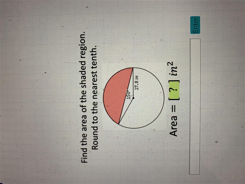 Find the area of the shaded region. 27.8 in and 150 degrees-example-1