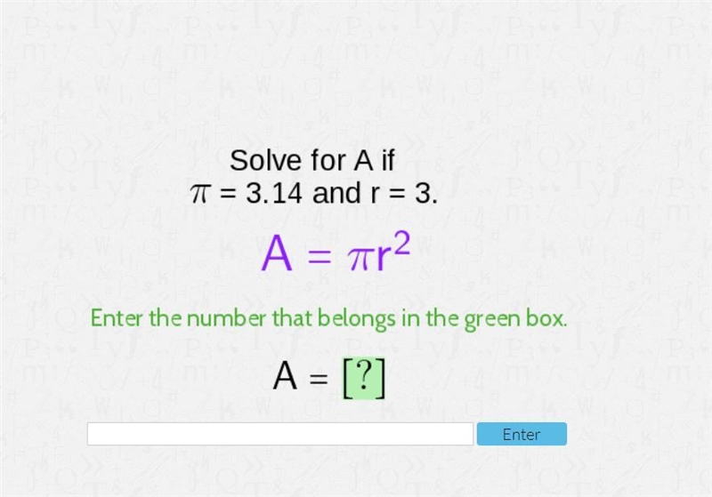 Solve for A if is 3.14 and R = 3-example-1