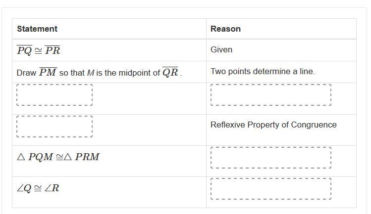 Drag and drop a statement or reason to each box to complete the proof. Given: PQ¯¯¯¯¯≅PR-example-1