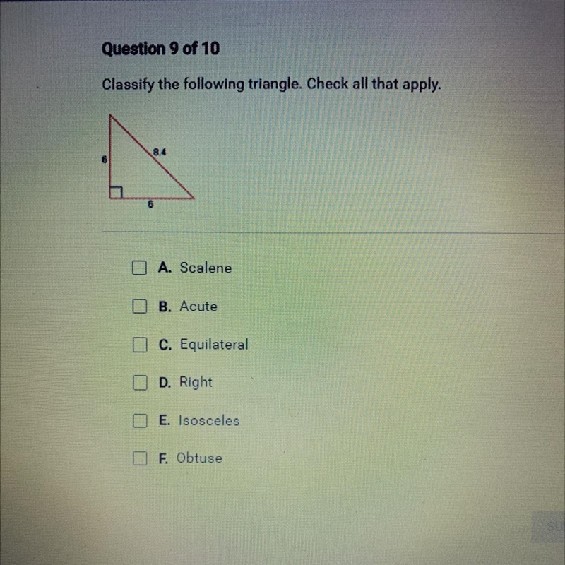 Classify the following triangle. Check all that apply. A. Soalene B. Acute C. Equilateral-example-1