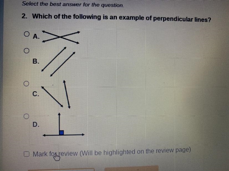 Which of the following is an example of perpendicular lines?-example-1