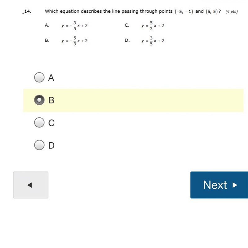 Which equation describes the link passing through points (-5,-1) and (5,5) ?-example-1