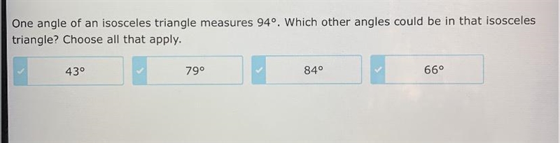 One angle of an isosceles triangle measures 94 degrees. Which other angles could be-example-1