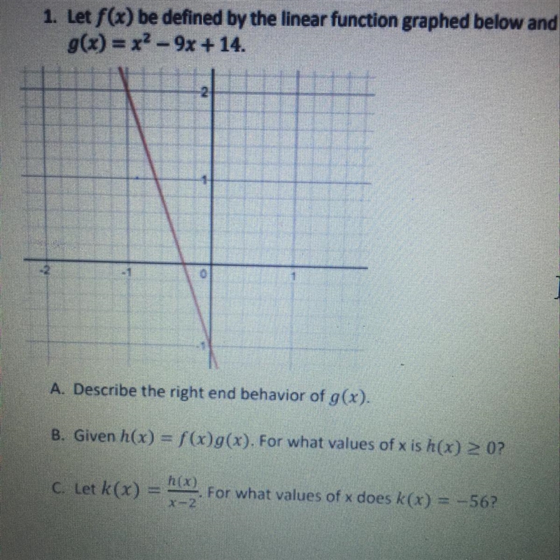 1. Let f(x) be defined by the linear function graphed below and g(x) = x2 - 9x + 14. I-example-1