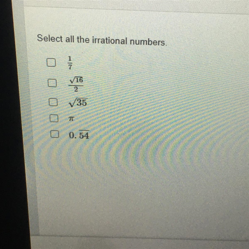 Select all the irrational numbers-example-1