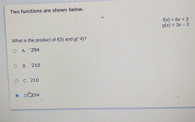 Two functions are shown below f(x)=6x+3 g(x)=3x-2 What is the product of f(3) and-example-1