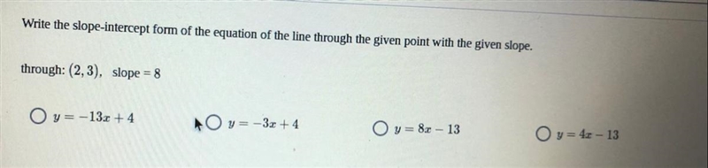 Write the slope intercept form of the equation of the line through the given point-example-1