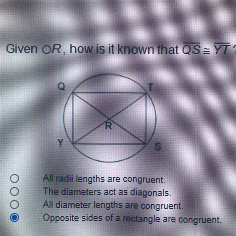 Given circleR, how is it known that QS = YT (idk the answer it was a guess)-example-1