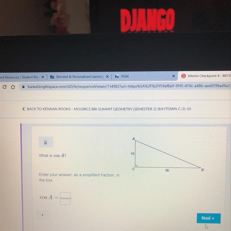 What is cos A? 15 С 36 B Enter your answer as a simplified fraction, in the box COS-example-1