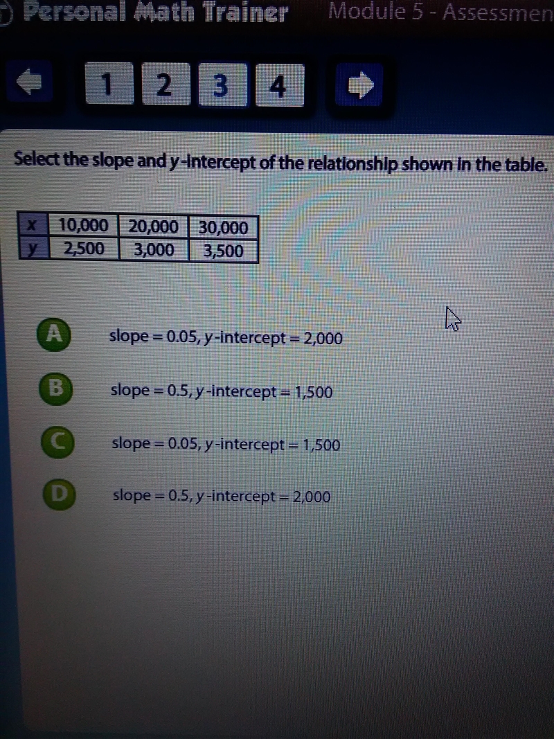 Select the slope and y-intercept of the relationship shown in the table-example-1