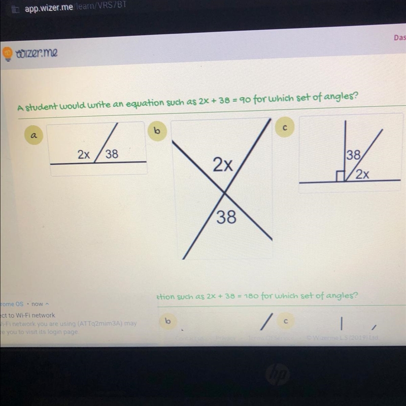 A student would write an equation such as 2x + 38 = 90 for which set of angles? S-example-1