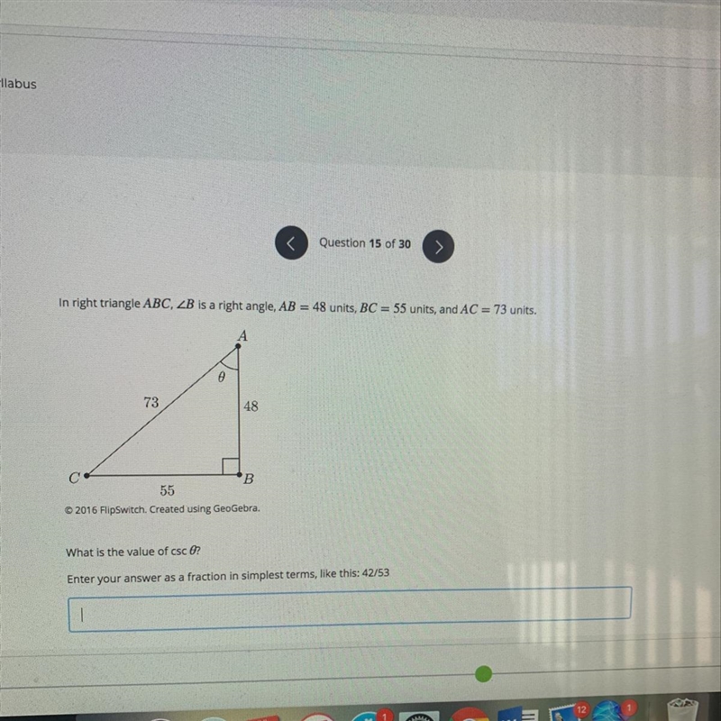 In right triangle ABC, 2B is a right angle, AB = 48 units, BC = 55 units, and AC = 73 units-example-1