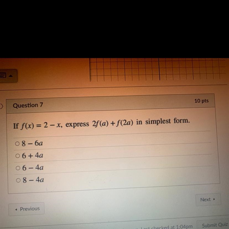 If f(x) = 2 - x, express 2f(a) + f(2a) in simplest form.-example-1