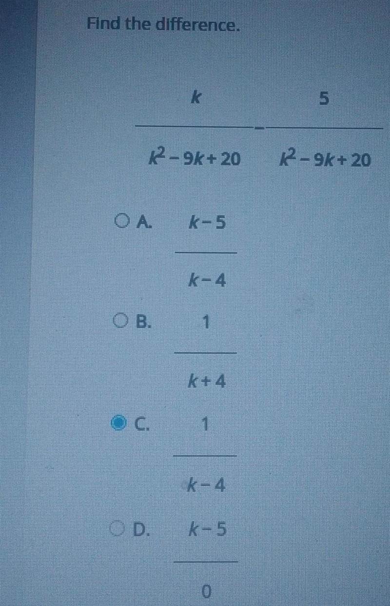 Find the difference. k/k^2-9k+20 - 5/k^2-9k+20​-example-1