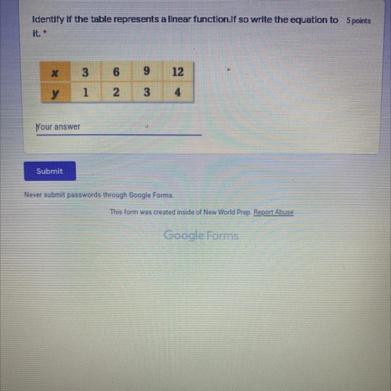 Identify if the table represents a linear function.If so write the equation it.*-example-1