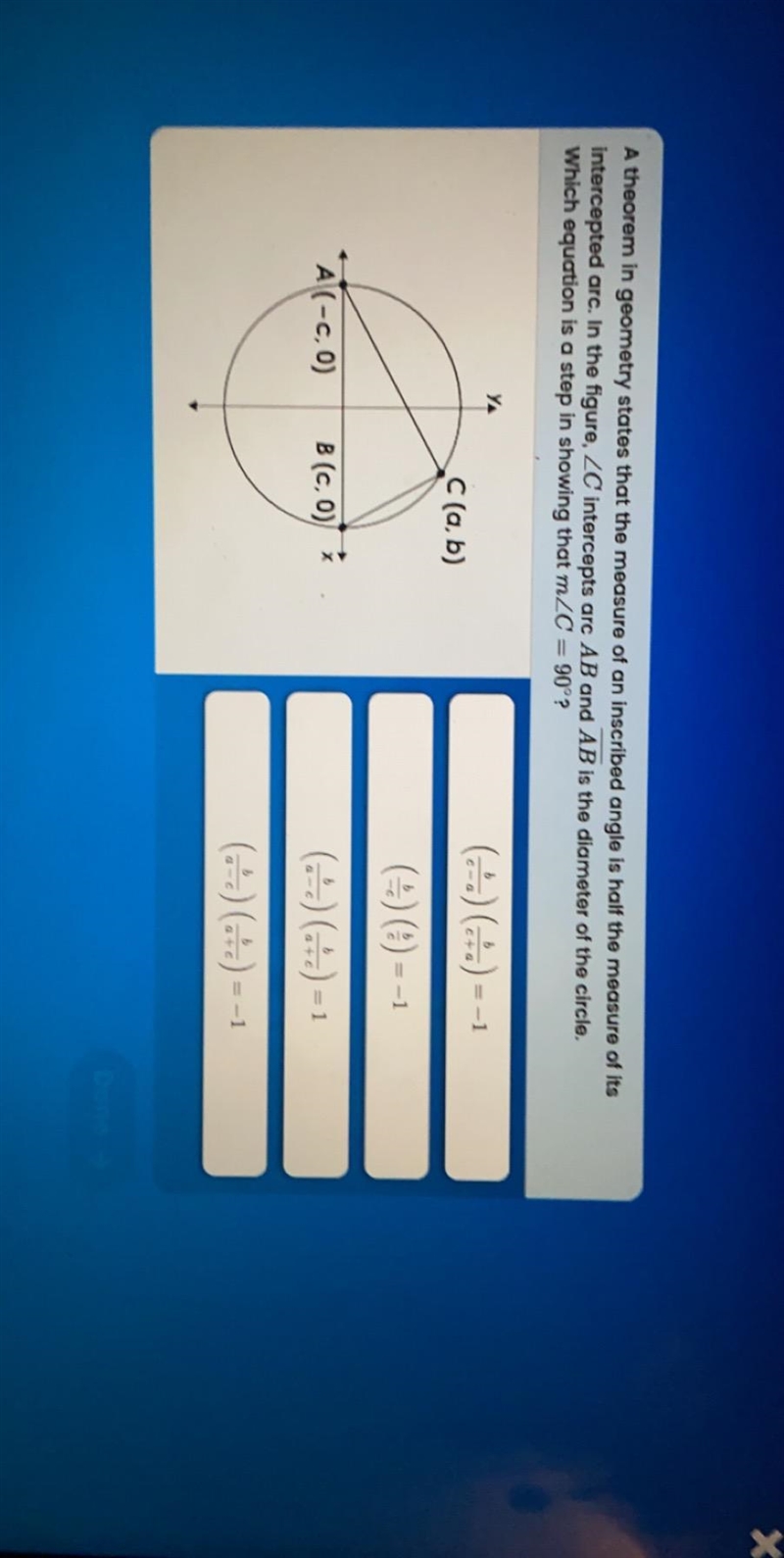 A theorem in geometry states that the measure of an inscribed angle is half the measure-example-1