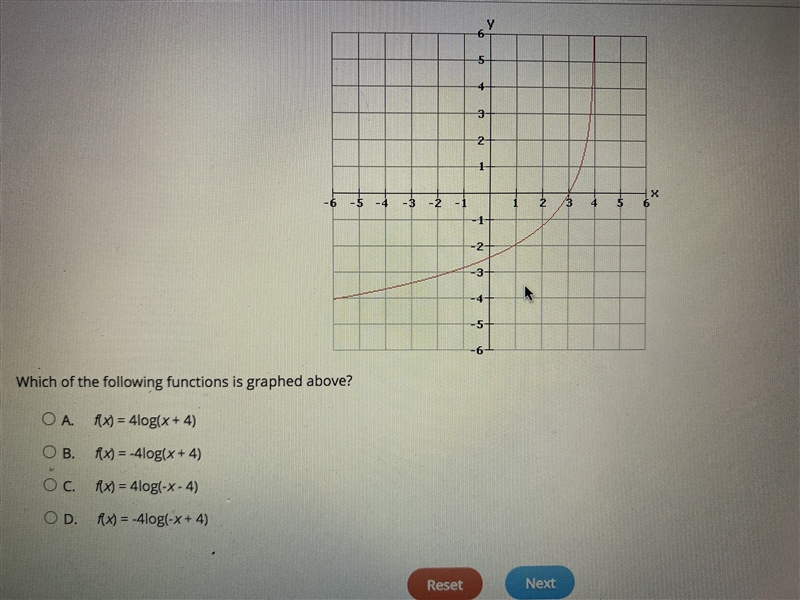 HURRYYYY::::: Which of the following functions is graphed above? OA f(x) = 4 * log-example-1